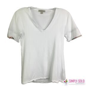 Burberry Brit Women's Sz S V-Neck Tee Short Sleeve Shirt White Cotton Stretch